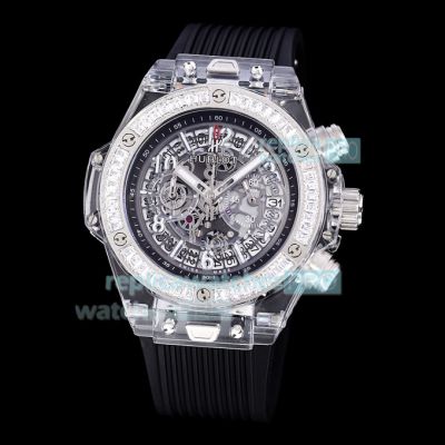 Hublot Big Bang Unico Skeleton Replica Watch Transparent Case Diamond Bezel